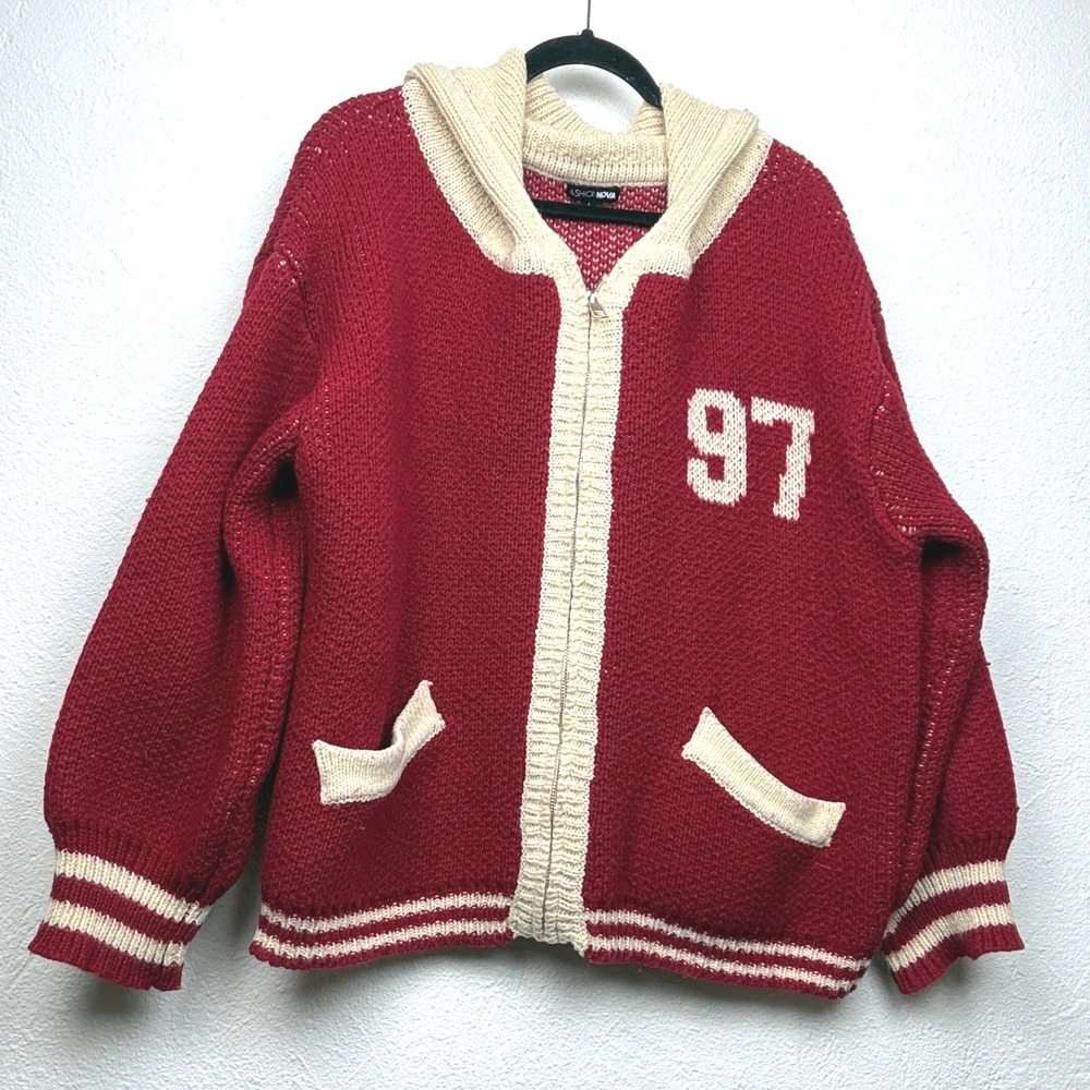 Fashion Nova Red Hooded Varsity Cardigan - L - Zip Up 97 Patch Collegiate Preppy